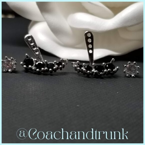 Silver White Diamond Solitaire Stud 4 Prong Set Black CZ Spinel Ear Jacket - Picture 3 of 4